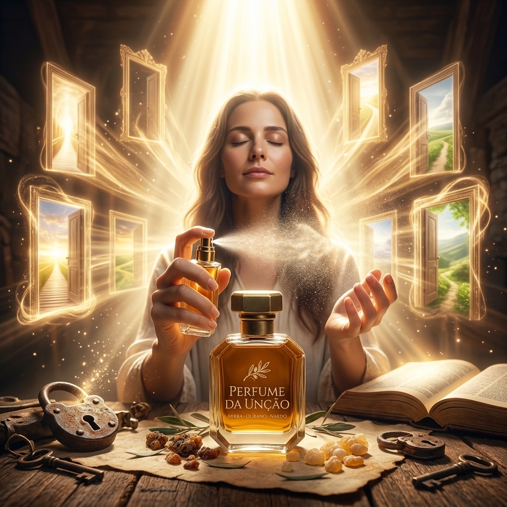 Mulher borrifando o Perfume da Unção com luz dourada e portas se abrindo ao redor, simbolizando novos caminhos
