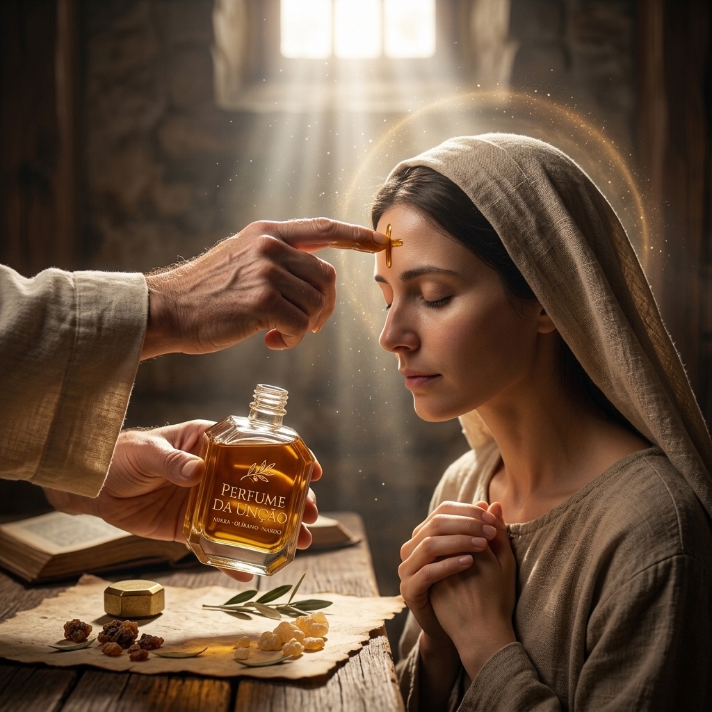 Mãos ungindo uma mulher em oração com o Perfume da Unção, sob luz celestial