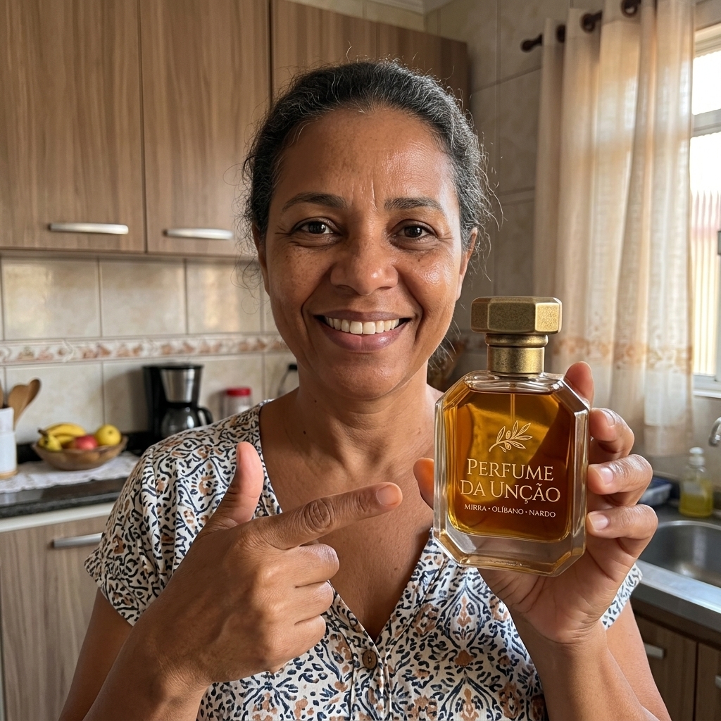 Foto de Rosemeire A. segurando o Perfume da Unção