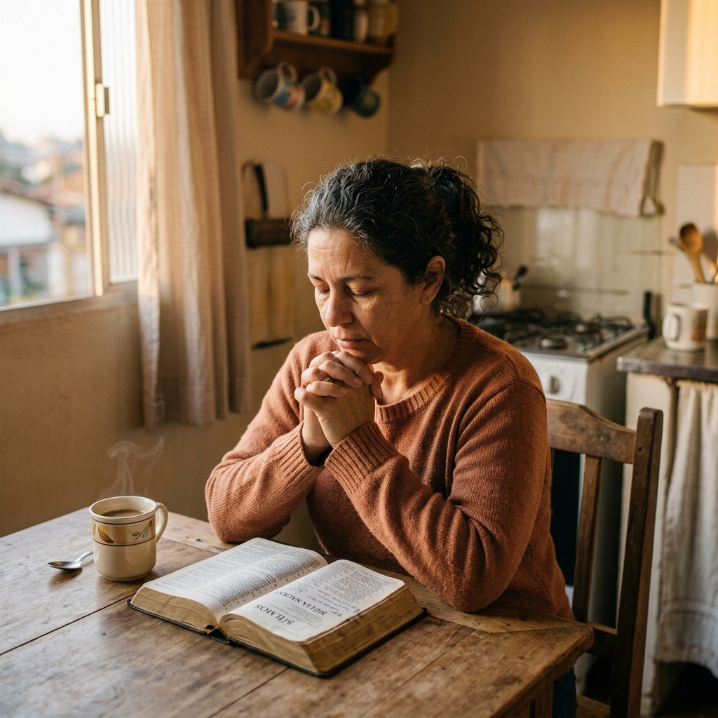 Mulher cansada orando à mesa da cozinha com uma Bíblia aberta e uma xícara de café