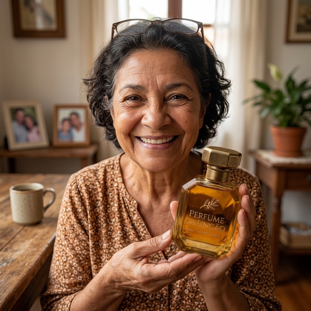 Foto de Cleide S. segurando o Perfume da Unção