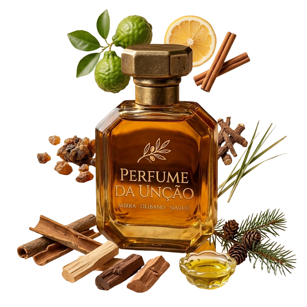 Frasco do Perfume da Unção com notas de canela, cálamo, mirra, cássia, azeite e nardo ao redor