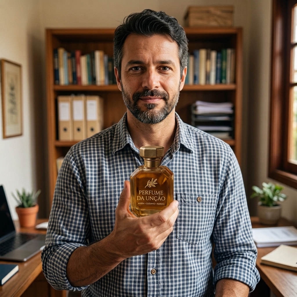 Foto de Cleber D. segurando o Perfume da Unção