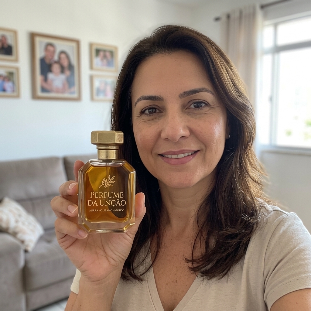 Foto de Marta R. segurando o Perfume da Unção