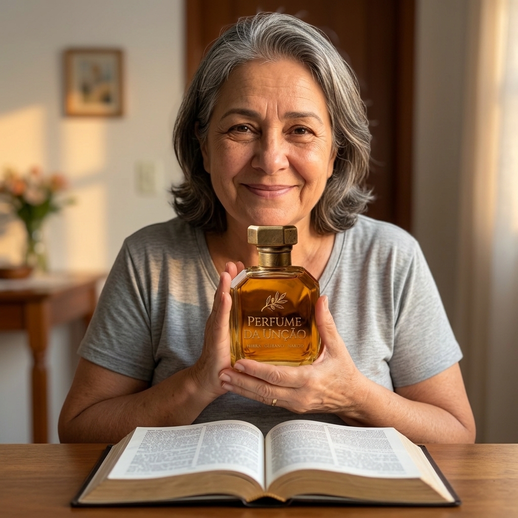 Foto de Antônia F. segurando o Perfume da Unção